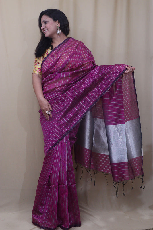 Purple Handloom Bengal Tussar Cotton Silver Zari Stripe Design Saree - Luxurion World