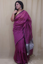 Purple Handloom Bengal Tussar Cotton Silver Zari Stripe Design Saree - Luxurion World