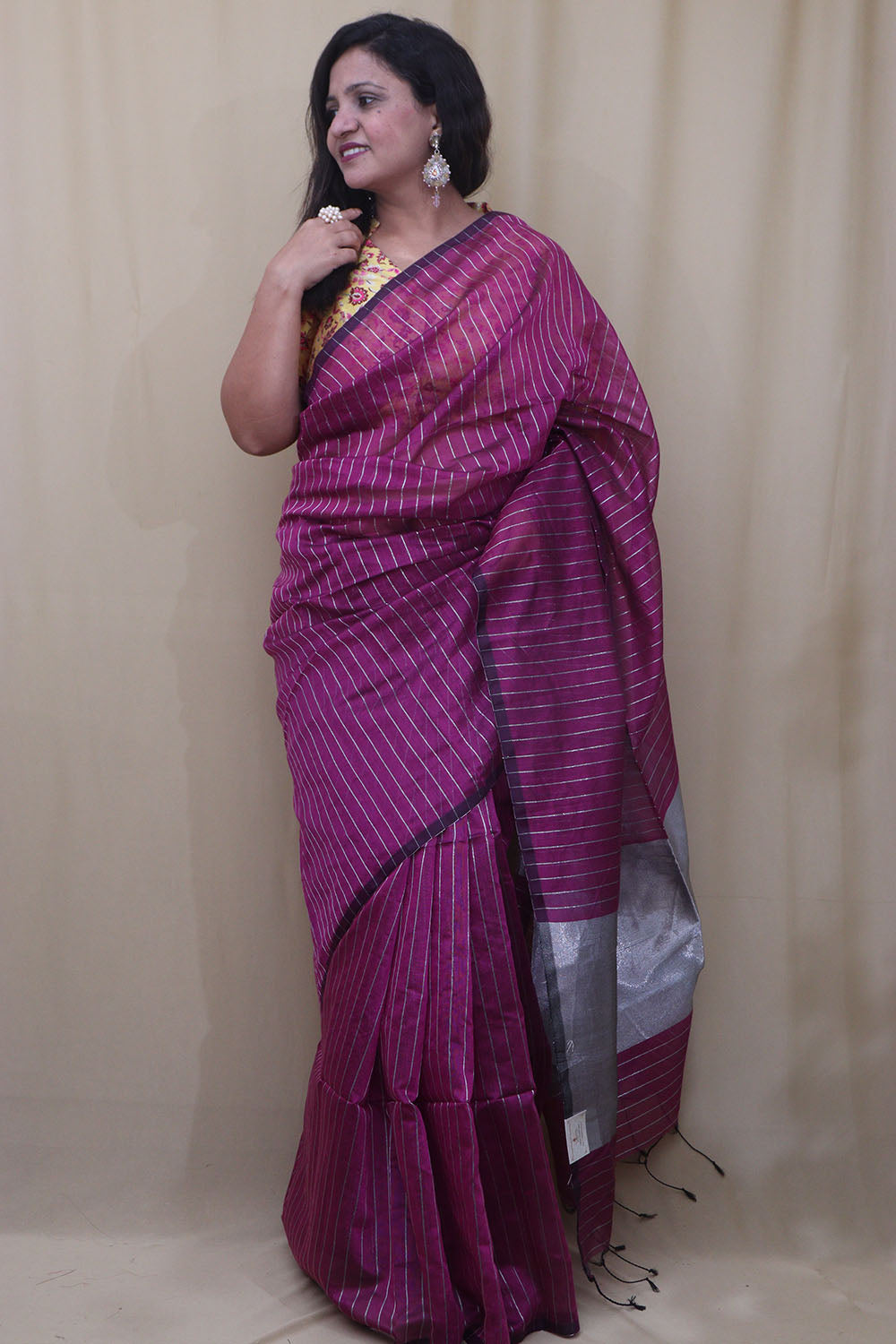 Purple Handloom Bengal Tussar Cotton Silver Zari Stripe Design Saree - Luxurion World