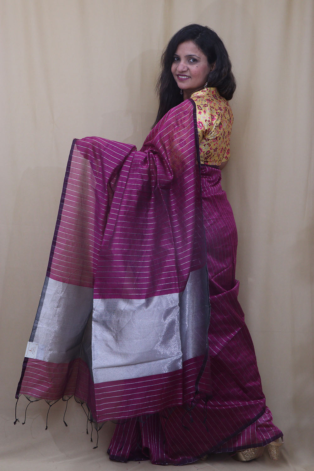 Purple Handloom Bengal Tussar Cotton Silver Zari Stripe Design Saree - Luxurion World