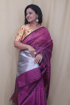 Purple Handloom Bengal Tussar Cotton Silver Zari Stripe Design Saree - Luxurion World