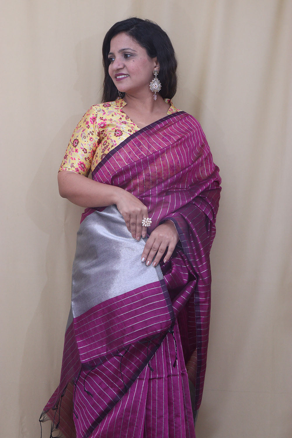 Purple Handloom Bengal Tussar Cotton Silver Zari Stripe Design Saree - Luxurion World