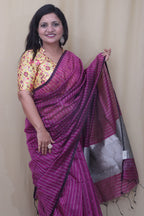 Purple Handloom Bengal Tussar Cotton Silver Zari Stripe Design Saree - Luxurion World
