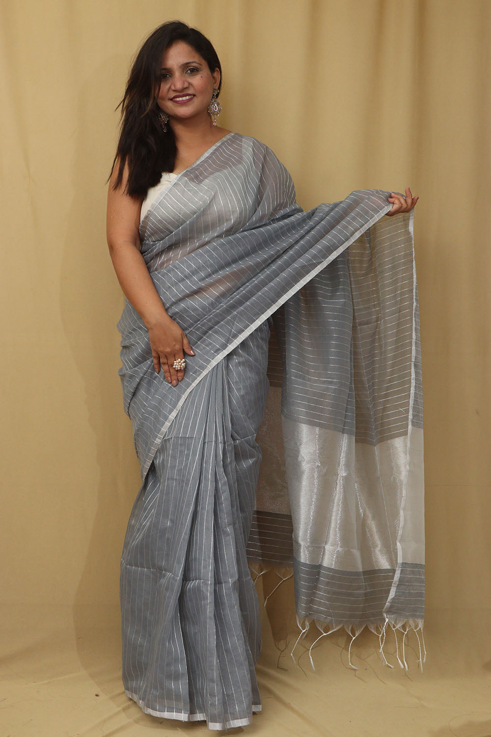 1 Min Ready To Wear - Grey Handloom Bengal Tussar Cotton Silver Zari Stripe Design Saree - Luxurion World