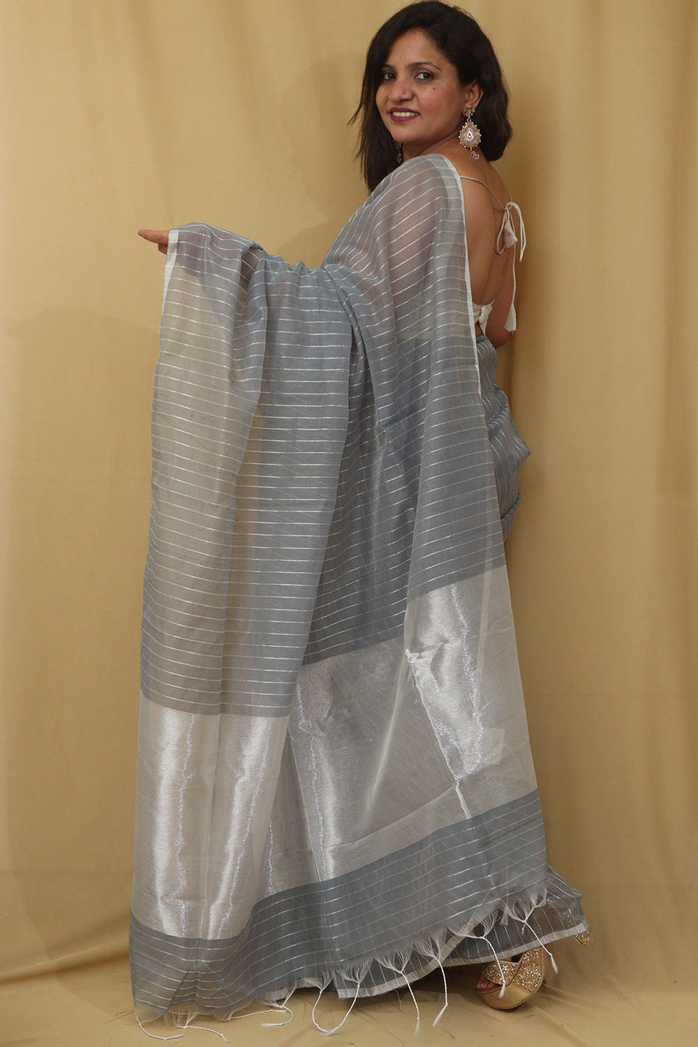 1 Min Ready To Wear - Grey Handloom Bengal Tussar Cotton Silver Zari Stripe Design Saree - Luxurion World