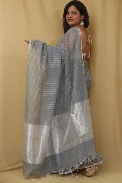 1 Min Ready To Wear - Grey Handloom Bengal Tussar Cotton Silver Zari Stripe Design Saree - Luxurion World