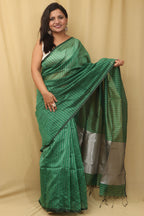 1 Min Ready To Wear - Green Handloom Bengal Tussar Cotton Silver Zari Stripe Design Saree - Luxurion World