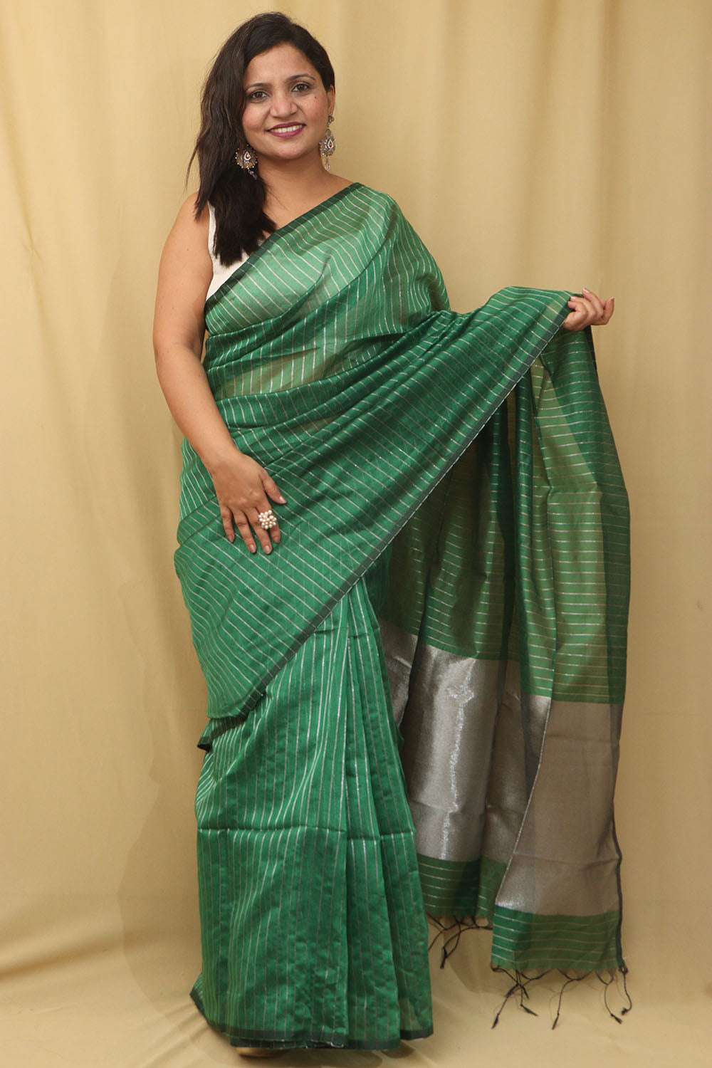 Green Handloom Bengal Tussar Cotton Silver Zari Stripe Design Saree - Luxurion World
