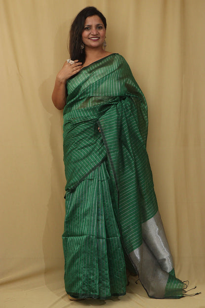 Green Handloom Bengal Tussar Cotton Silver Zari Stripe Design Saree - Luxurion World
