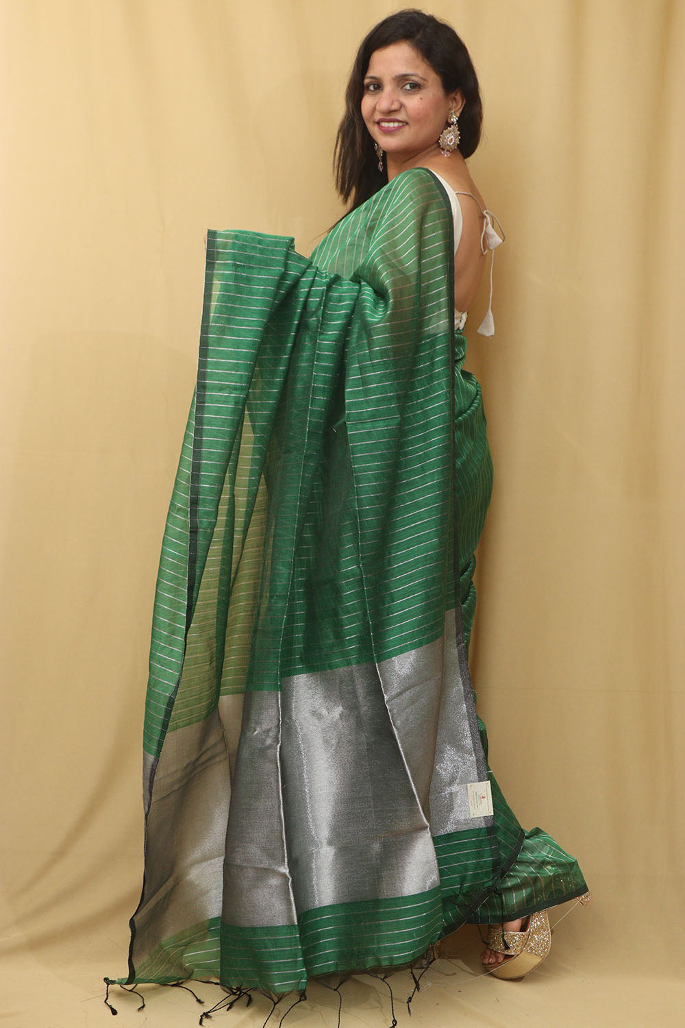 1 Min Ready To Wear - Green Handloom Bengal Tussar Cotton Silver Zari Stripe Design Saree - Luxurion World