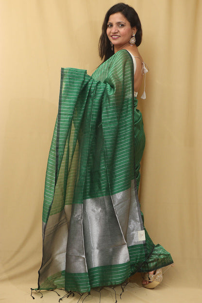 Green Handloom Bengal Tussar Cotton Silver Zari Stripe Design Saree - Luxurion World