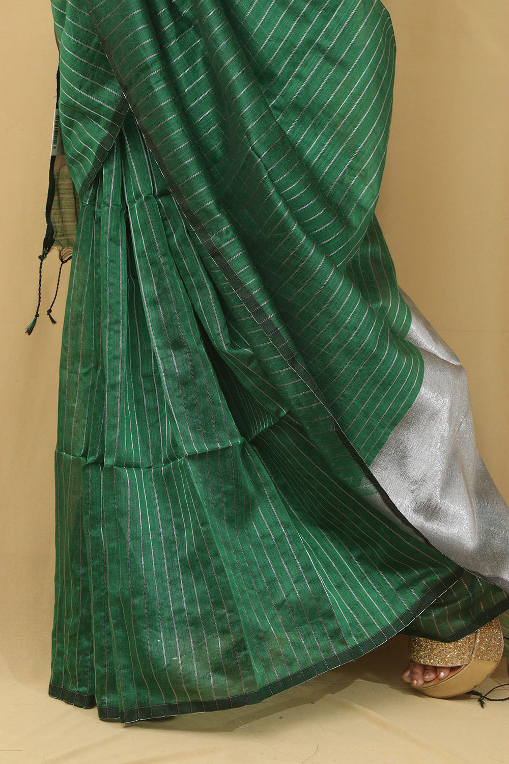 1 Min Ready To Wear - Green Handloom Bengal Tussar Cotton Silver Zari Stripe Design Saree - Luxurion World