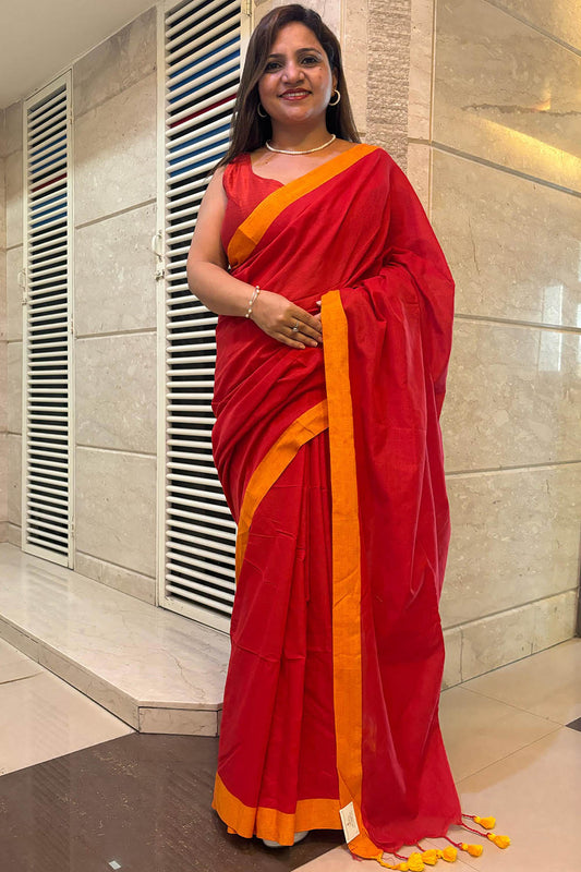 Stunning Red Bengal Plain Cotton Saree - Luxurion World