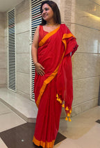 Stunning Red Bengal Plain Cotton Saree - Luxurion World