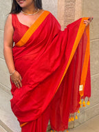 Stunning Red Bengal Plain Cotton Saree - Luxurion World