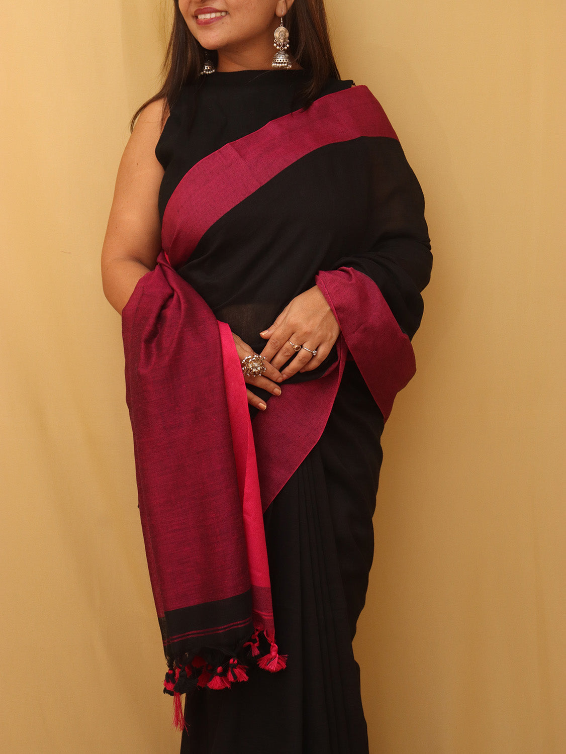 Black Bengal Plain Cotton Saree - Luxurion World