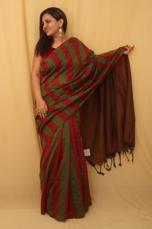 Red And Green Bengal Cotton Stripe Design Saree