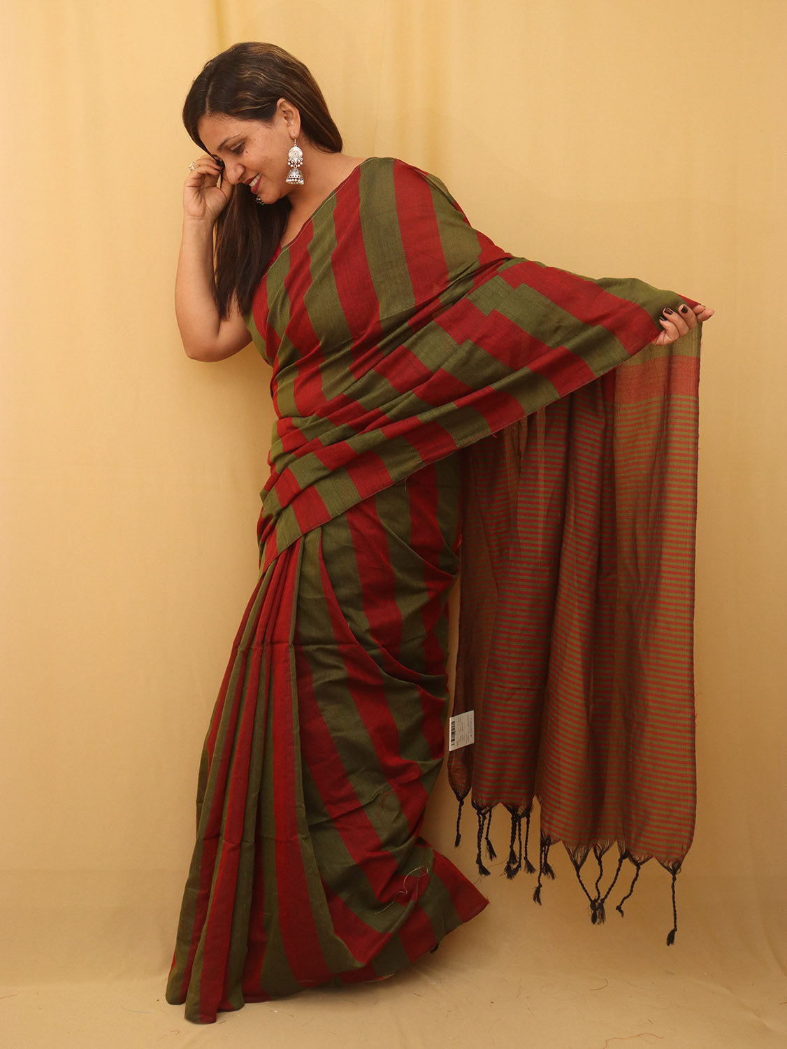 Red And Green Bengal Cotton Stripe Design Saree - Luxurion World