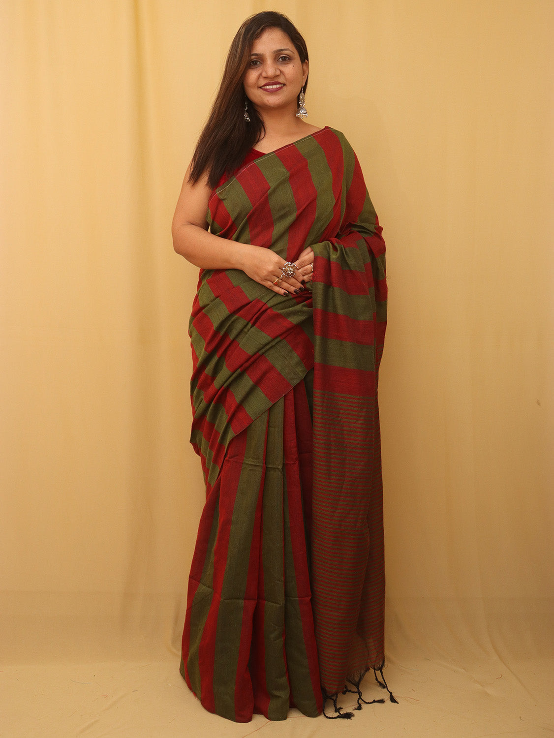 Red And Green Bengal Cotton Stripe Design Saree - Luxurion World