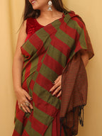 Red And Green Bengal Cotton Stripe Design Saree - Luxurion World