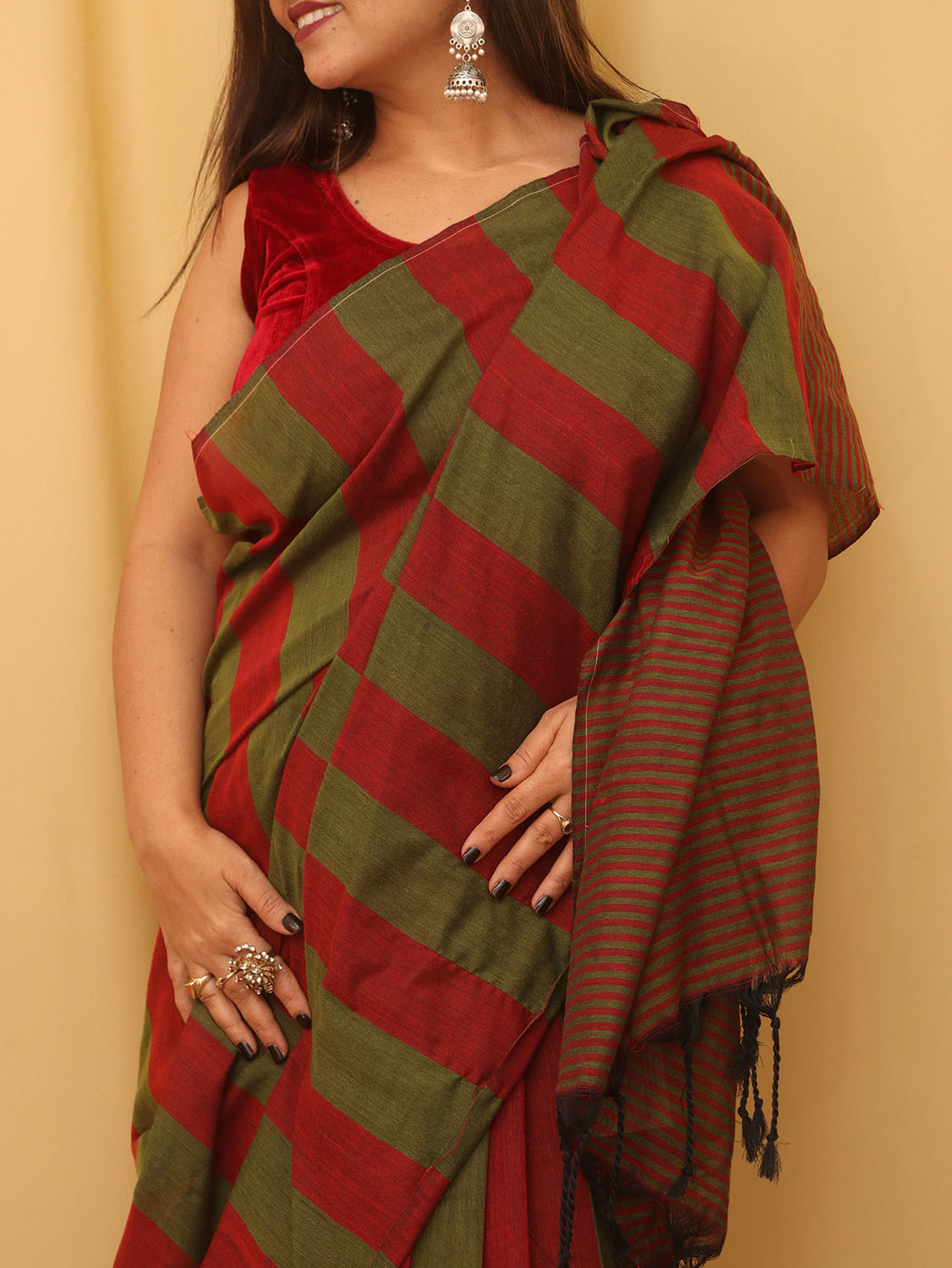 Red And Green Bengal Cotton Stripe Design Saree - Luxurion World