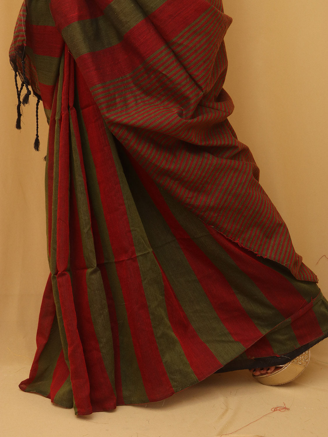 Red And Green Bengal Cotton Stripe Design Saree - Luxurion World