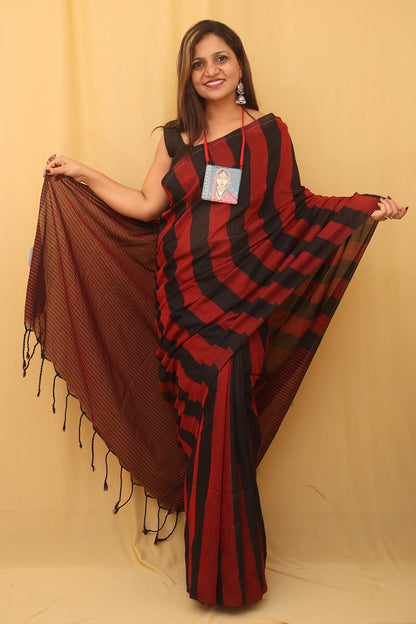 Red And Black Bengal Cotton Stripe Design Saree - Luxurion World
