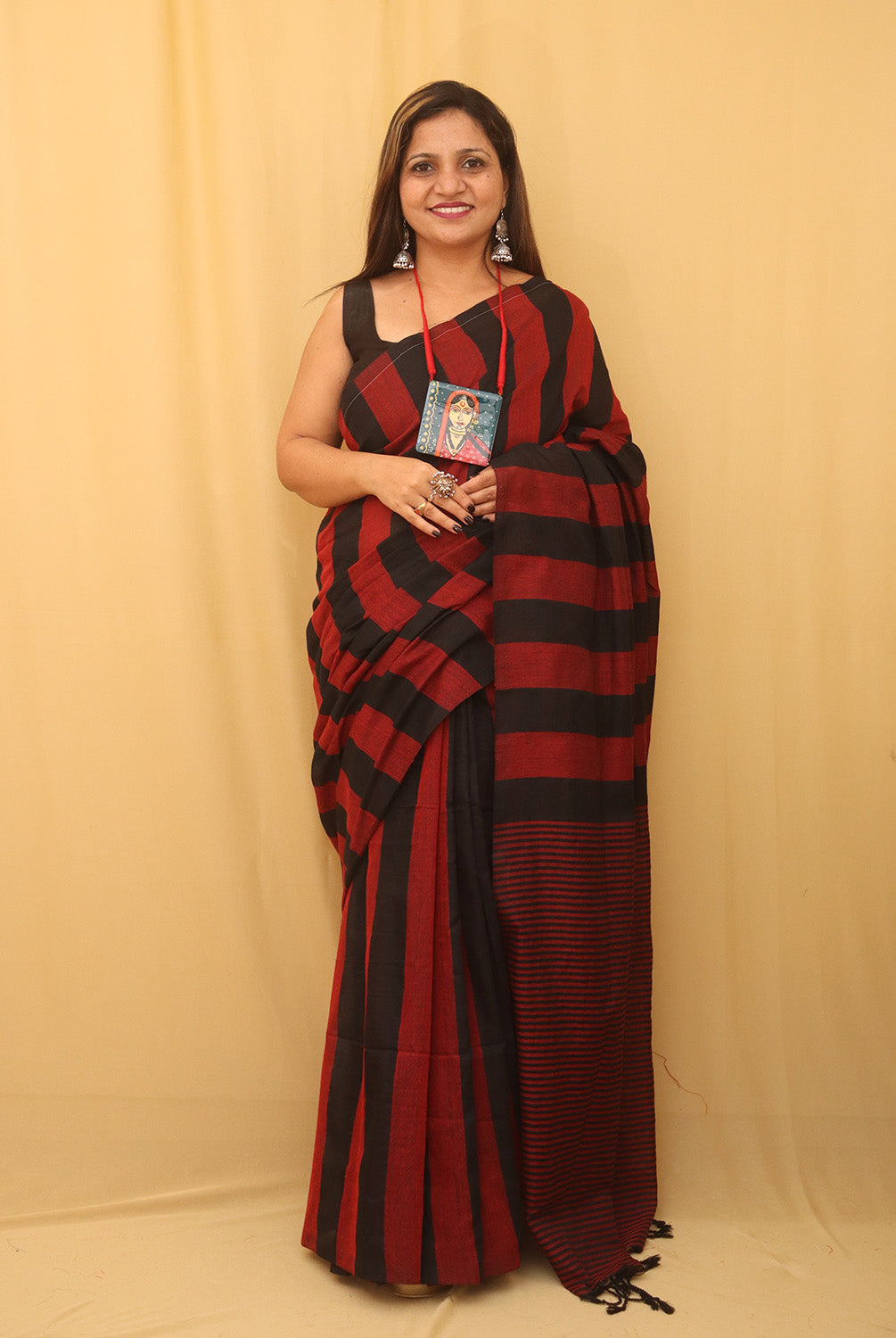 Red And Black Bengal Cotton Stripe Design Saree - Luxurion World