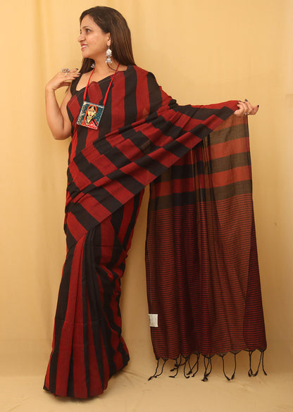 Red And Black Bengal Cotton Stripe Design Saree - Luxurion World