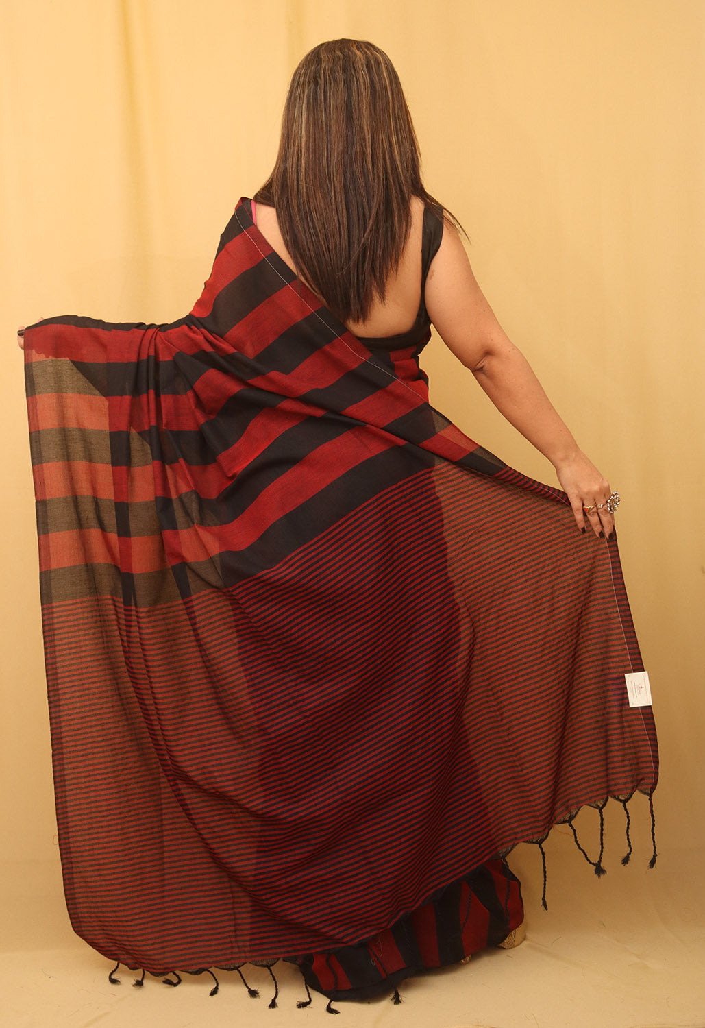 Red And Black Bengal Cotton Stripe Design Saree - Luxurion World