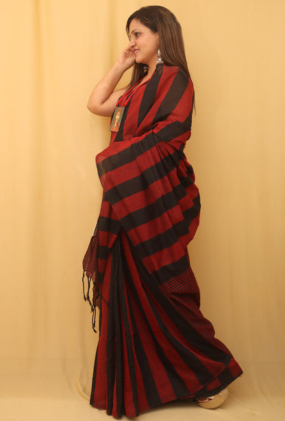 Red And Black Bengal Cotton Stripe Design Saree - Luxurion World