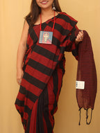 Red And Black Bengal Cotton Stripe Design Saree - Luxurion World