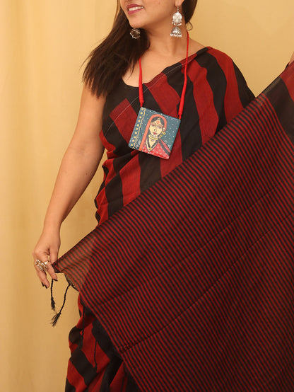 Red And Black Bengal Cotton Stripe Design Saree - Luxurion World
