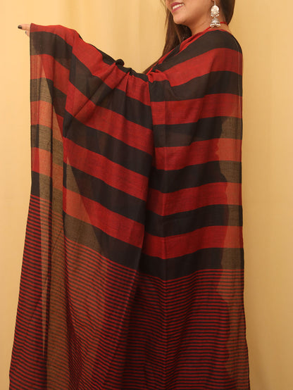 Red And Black Bengal Cotton Stripe Design Saree - Luxurion World