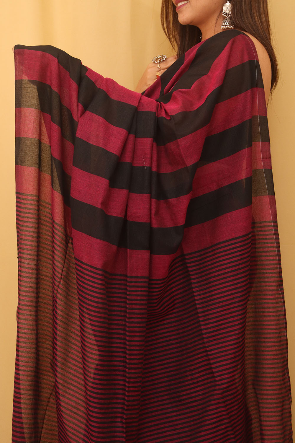Pink And Black Bengal Cotton Stripe Design Saree - Luxurion World