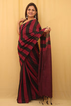 Pink And Black Bengal Cotton Stripe Design Saree - Luxurion World