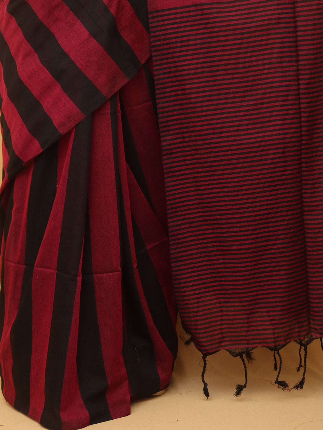 Pink And Black Bengal Cotton Stripe Design Saree - Luxurion World