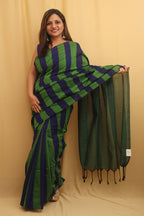 Green And Blue Bengal Cotton Stripe Design Saree - Luxurion World