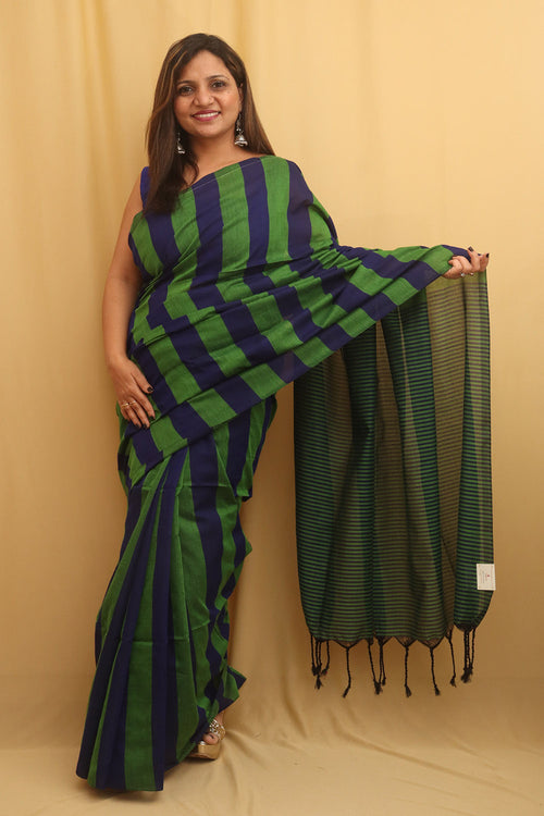 Green And Blue Bengal Cotton Stripe Design Saree - Luxurion World