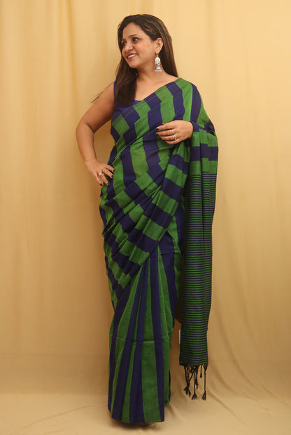 Green And Blue Bengal Cotton Stripe Design Saree - Luxurion World