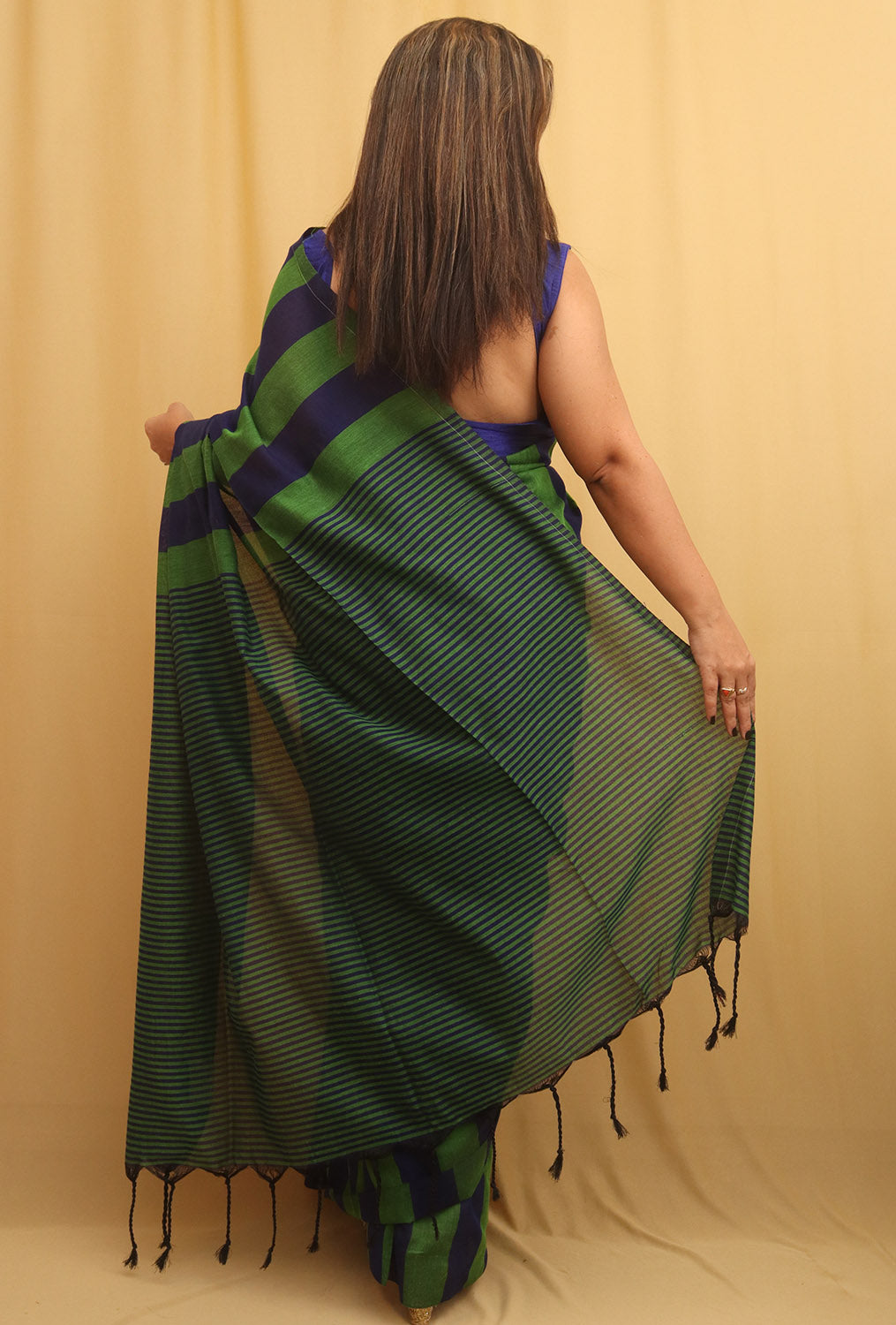 Green And Blue Bengal Cotton Stripe Design Saree - Luxurion World