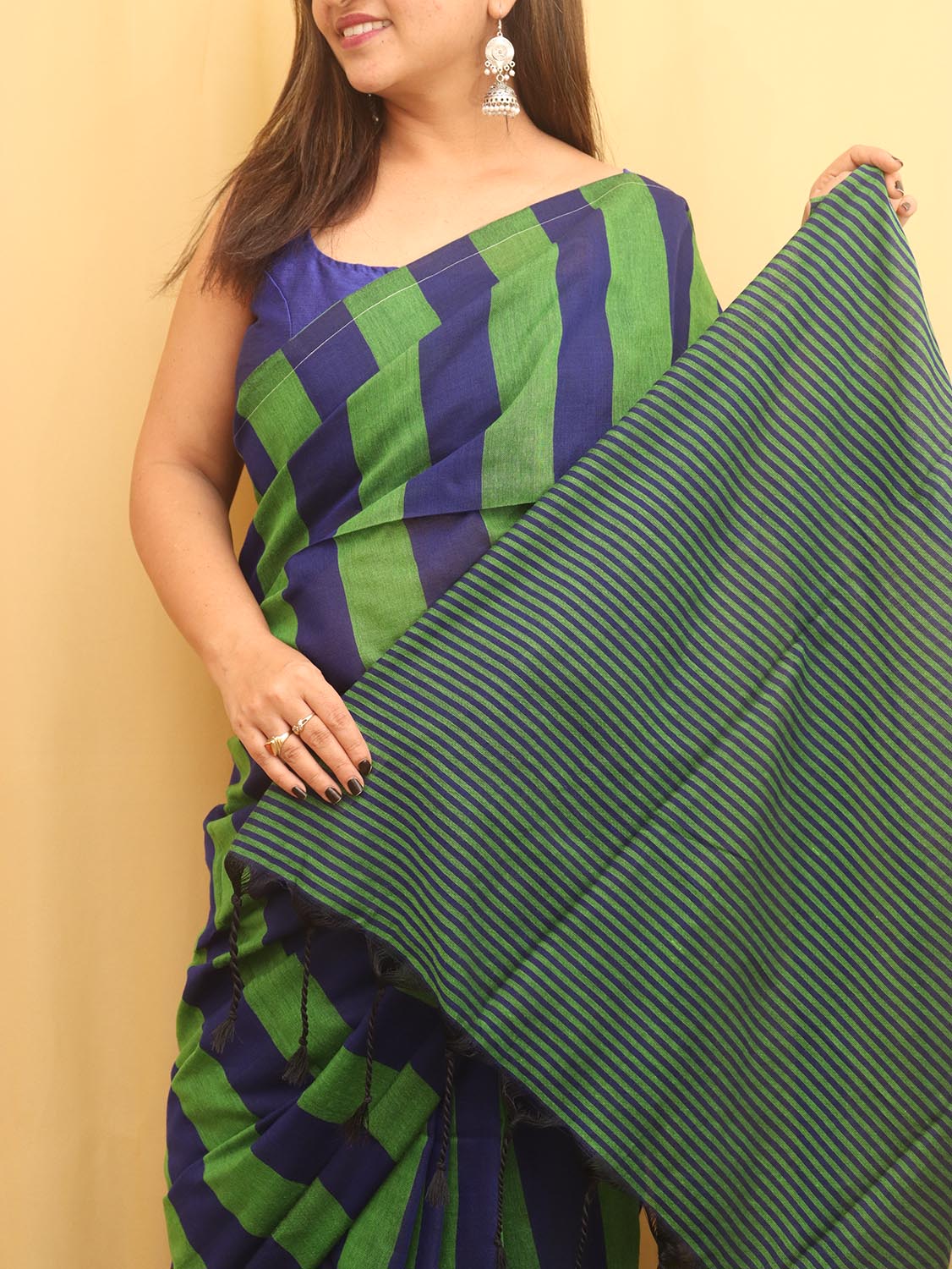 Green And Blue Bengal Cotton Stripe Design Saree - Luxurion World