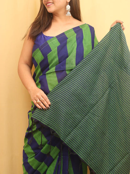 Green And Blue Bengal Cotton Stripe Design Saree - Luxurion World