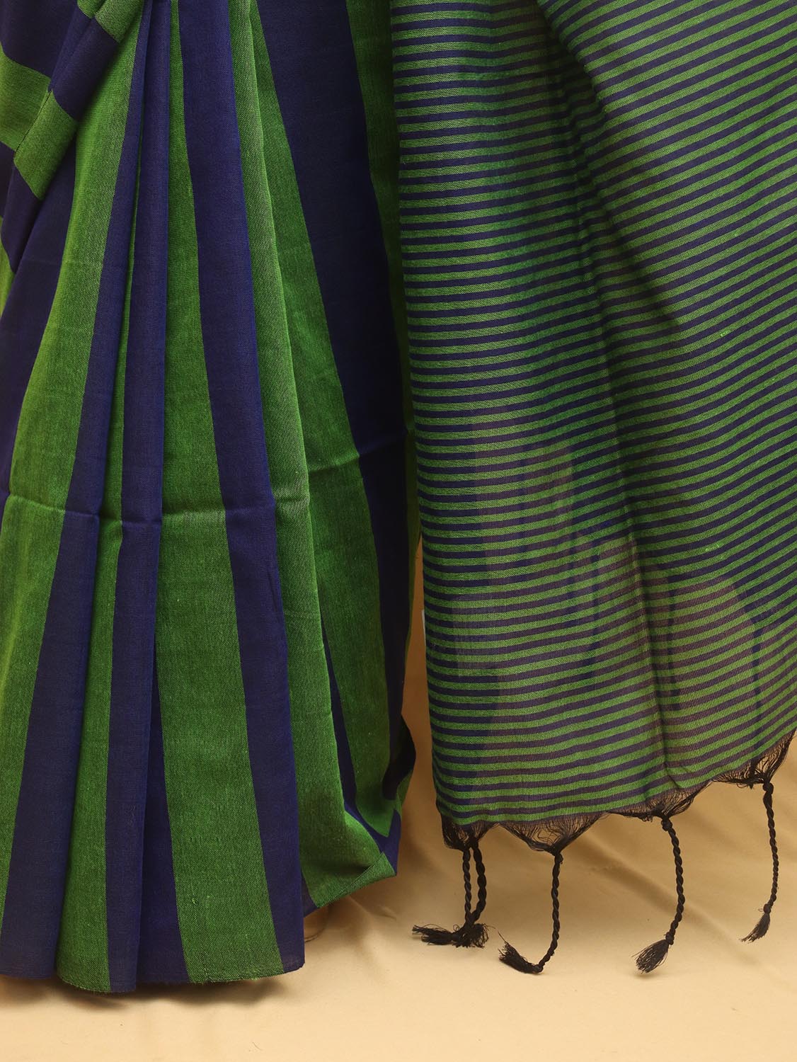 Green And Blue Bengal Cotton Stripe Design Saree - Luxurion World