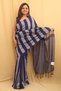 Grey And Blue Bengal Cotton Stripe Design Saree - Luxurion World