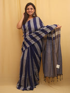 Grey And Blue Bengal Cotton Stripe Design Saree - Luxurion World