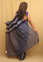 Grey And Blue Bengal Cotton Stripe Design Saree - Luxurion World