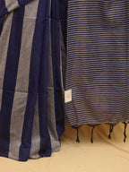 Grey And Blue Bengal Cotton Stripe Design Saree - Luxurion World