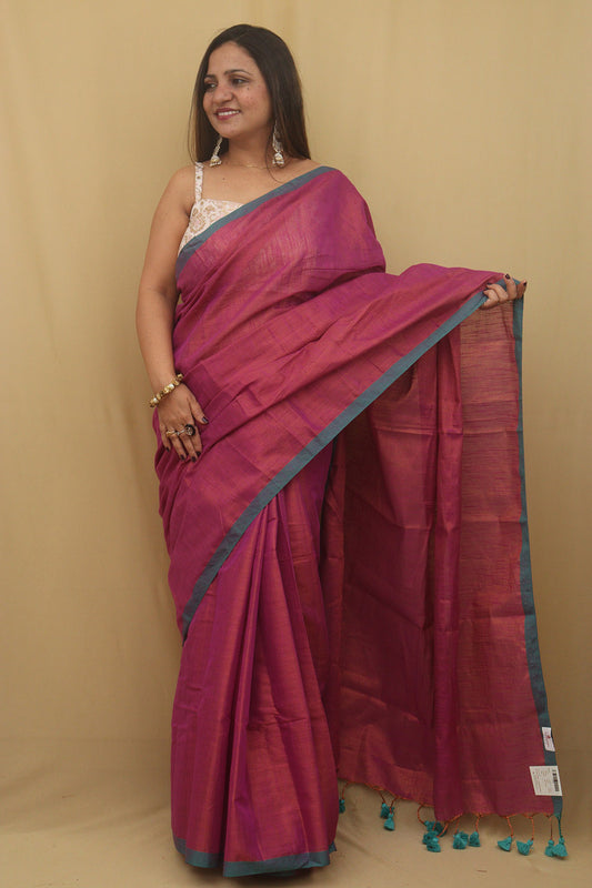 Elegant Pink Bengal Plain Tissue Cotton Saree