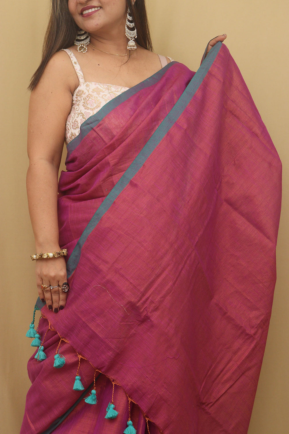 1 Min Ready To Wear - Pink Bengal Plain Tissue Cotton Saree - Luxurion World